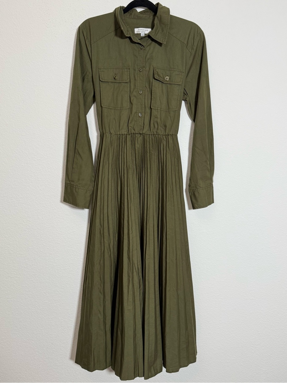 Derek Lam Collective Olive Green Utility Shirt Dress Pleated Midi Military Chic